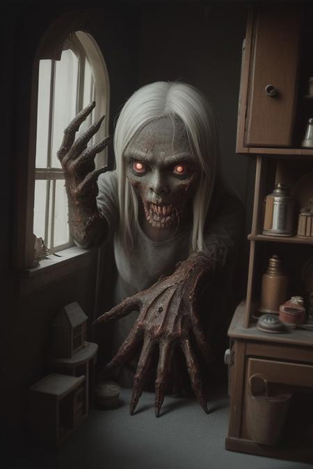 dark moody unsettling and surreal Kodachrome photograph, original character, hasselblad, indoors, giant horrifying demonic hand reaching through doll house window, megalophobia, small world,