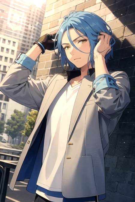 <lora:HiMERU:0.7> , himeru, solo, looking at viewer, short hair, shirt, gloves, 1boy, holding, hair between eyes, jewelry, blue hair, jacket, yellow eyes, white shirt, upper body, male focus, white gloves, bracelet, cup, light particles, lens flare, hand in own hair, paper, grey jacket, brick wall