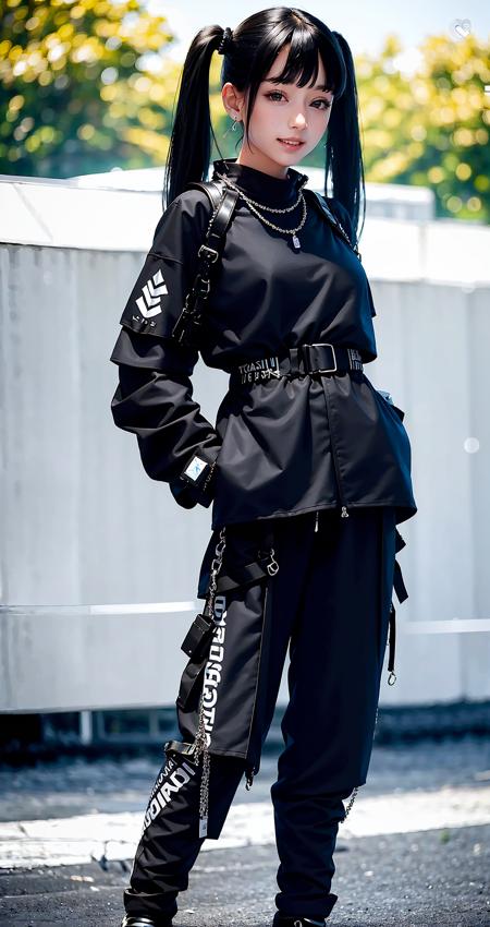 masterpiece, best quality, beautiful clean face, 1woman, wearing techwear jacket and pants with buckle and tape, (crystal necklace), posing for a picture, (black short twintails), long legs, big happy warm smile, very small breasts, carry a backpack on back, in the park <lora:UrbanSamurai_fashion:0.9>