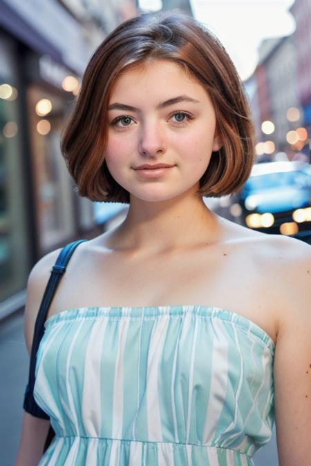 stunningly beautiful young woman <lora:ariaSky:1> in a striped strapless dress, dowtown window shopping, (people in background), RAW, 8K, UHD, upper body, (close up:1.2), perfect face, cute eyes, [smiling], (candid:1.1, amateur:1.1), busy, perfect sunny day