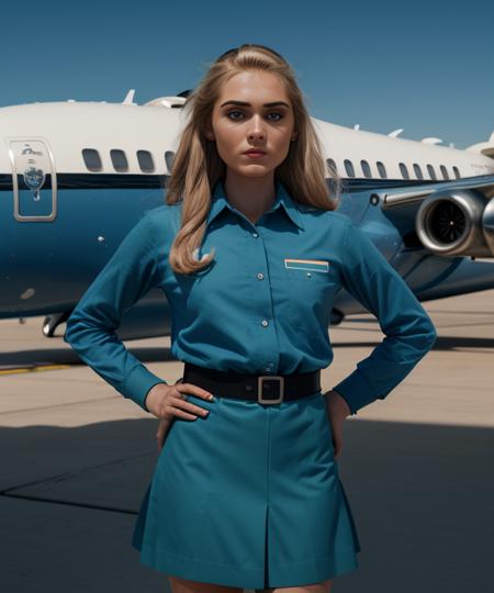 <lora:m3gd0n_04SD-000005:1.1>,a polaroid photograph (medium shot) of (beautiful 22 year old) (m3gd0n:1.2) woman with blonde hair,as a 1970's airline stewardess,wearing an (olympic blue)(panam stewardess uniform with long skirt:1.1),standing on airport tarmac with (gulfstream g-5 jet aircraft:1.2) in background,lips,face focus,(bokeh),facing viewer,photorealistic,rich details,clear shadows and highlights,realistic,intense,highly detailed,