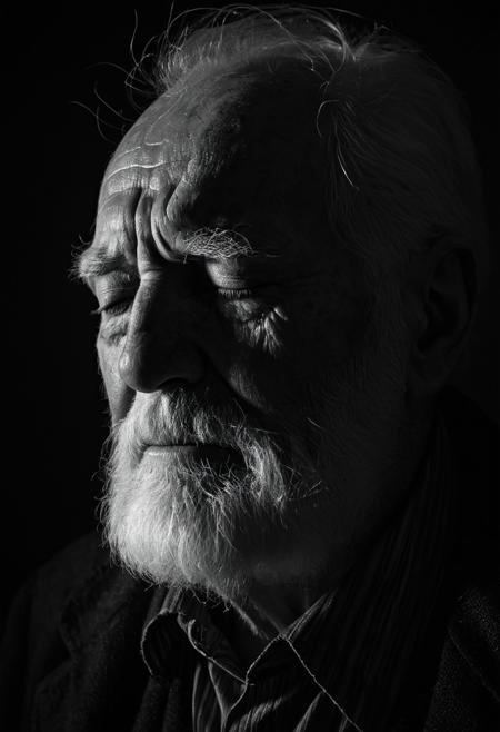 Elderly Man in Dramatic Light
Dramatic black and white portrait of an elderly man with a white beard, eyes closed, in deep shadow and light contrast.