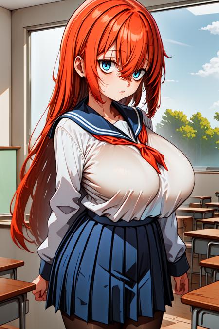 1girl, cowboy shot, standing, classroom, looking at viewer, 
komaro, huge breasts, bags under eyes, blue eyes, orange hair, long hair, bangs, hair between eyes, school uniform, neckerchief, sailor collar, long sleeves, pleated skirt, blue skirt, pantyhose, <lora:komaro_lora_ver2:0.8>, best quality, masterpiece, highres, <lora:GoodHands-vanilla:1>