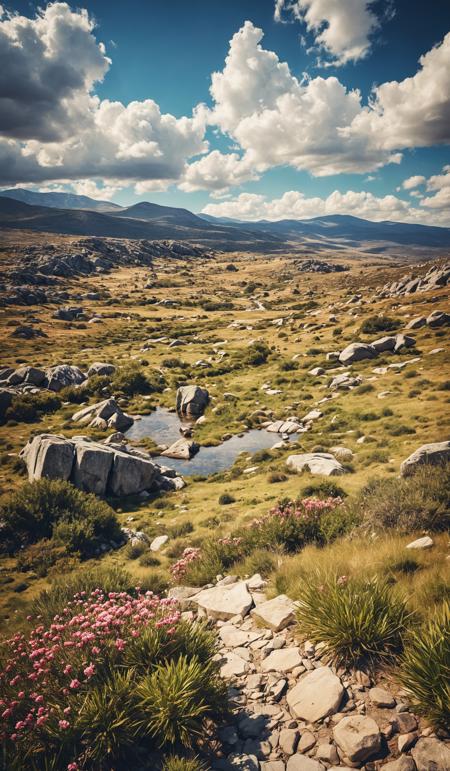 Wide angle of a spring landscape under a sky with clouds, gredos, spain. Dramatic unusual scene. Beauty world. Retro filter and vintage style. Instagram toning effect, breathtaking photograph.