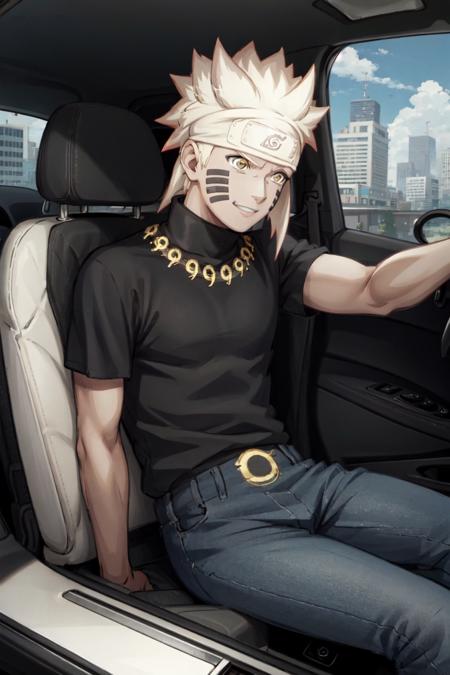 <lora:Naruto_SixPaths:0.95>, Naruto, 1boy, black bodysuit, yellow eyes, symbol-shape pupils, gold hair, headband, facial mark, black shirt, short sleeves, muscular, denim pants, outdoors, smile, looking away, city, sunny, driving car, car interior, inside car, sitting