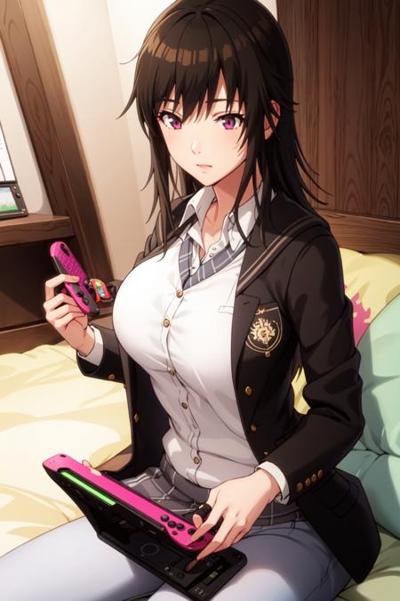 (masterpiece),best quality,highres,<lora:miyamae_tooru-000014:0.7>,miyamae_tooru,1girl,solo,kibito high school uniform,(mature female),jacket,long sleeves,handheld game console,game controller,large breasts,