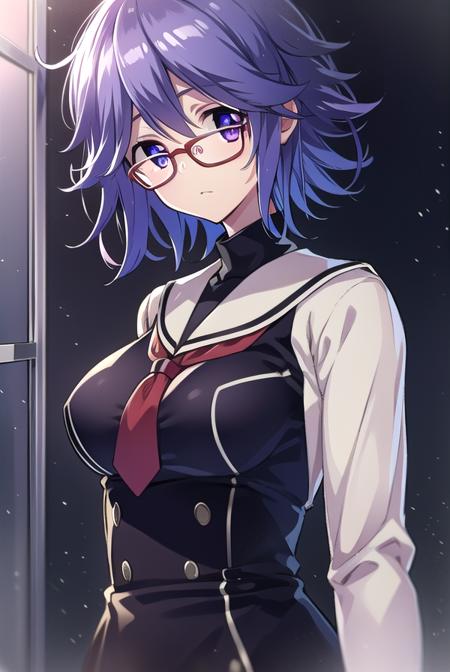 hanakazuki, <lyco:hanakazukiLYCORIStest:1>,
hana kazuki, short hair, hair between eyes, (purple eyes:1.1), purple hair,  glasses,
BREAK long sleeves, dress, school uniform, necktie, black dress, short dress, red necktie,
BREAK looking at viewer, hands behind head,
BREAK indoors, classroom,
BREAK <lora:GoodHands-vanilla:1>, (masterpiece:1.2), best quality, high resolution, unity 8k wallpaper, (illustration:0.8), (beautiful detailed eyes:1.6), extremely detailed face, perfect lighting, extremely detailed CG, (perfect hands, perfect anatomy),