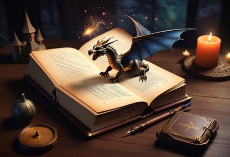 3D book.
A realistic image of a fantastic landing page designed like an ancient enchanted book. Responsive design adapted to any screen, while maintaining the fantastic atmosphere, Fire-breathing dragons come out of the book, it looks incredibly realistic, even witches on brooms in the air. 
You can clearly see that the dragons come out of the book.
A mysterious witch enters the book.
 A special font, resembling an ancient manuscript, gives a sense of authenticity. Spectacular vector illustrations of magical creatures, breathtaking landscapes and fantastic architecture decorate the page. Micro-interactive animations give life to the page, like a light flickering of light on top of the writing or a gentle movement of magical creatures. A special soundtrack, combining classical music with sounds from the fantastic world, creates a magical and mysterious atmosphere. The title is written in a unique and attention-grabbing handwriting. The content is written in rich and imaginative language, using fantastic terms. The CTA button is designed like a magical gate, inviting the user to enter a new world. A registration form is integrated into an ancient book, where the user can enter his name and contact information. Responsive design adapted to any screen, while maintaining the fantastic atmosphere.
Text: "New style artificial intelligence, artistic photo creation"