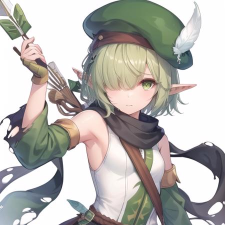 (masterpiece, best quality:1.2),illustration,8k,hd,1girl,upper body,(portrait:1.2),green scarf,pointy ears,elf,hat feather,two-tone shirt,torn scarf,green shirt,detached sleeves,shirt,scarf,solo,holding,hair over one eye,green eyes,white shirt,hat,sleeveless shirt,green sleeves,short hair,green headwear,bow \(weapon\),sleeveless,holding bow \(weapon\),shorts,beret,green hair,thighhighs,weapon,armpits,holding weapon,green thighhighs,striped thighhighs,looking at viewer,vertical-striped thighhighs,arrow \(projectile\),green shorts,small breasts,quiver,feathers,<lora:Futaba Aoi-V0.5:0.7>,