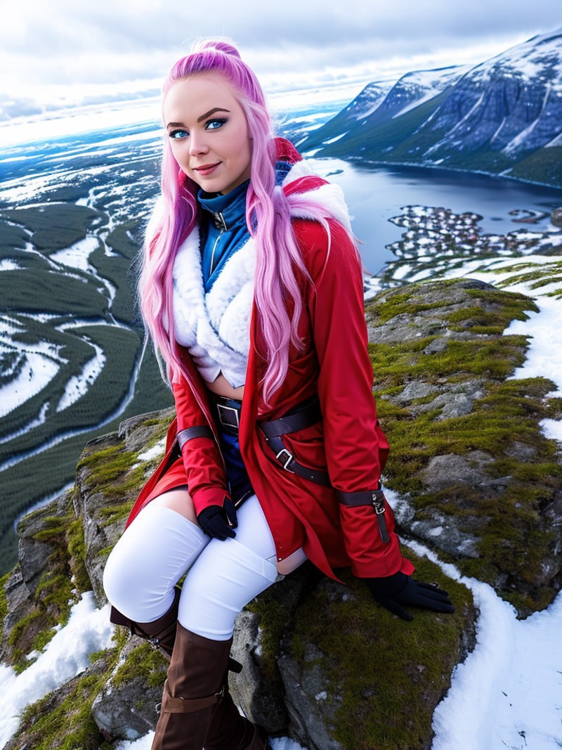 Picture of Martina in cosplay, on a snowy mountaintop in Norway,