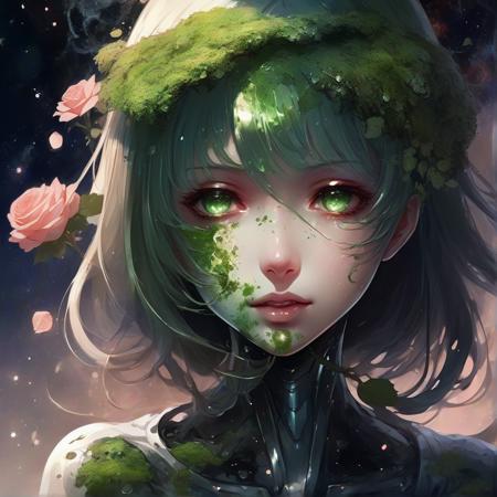 anime girl with moss And mold around her, detailed portrait, close up, space background behind her, dripping liquid metal leaf's around her, roses flourishing around her, close up of face