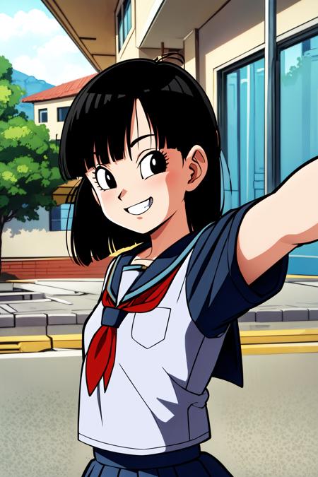 masterpiece,
<lora:panGT:0.6> 1girl, solo, short black hair, (black eyes), 
school uniform,  skirt,  
selfie,  sunlight, smile, raised eyebrows, teeth, 
street, outdoors,