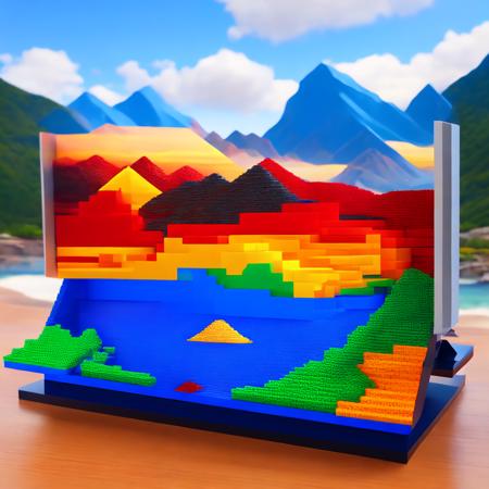 (boxedfuture style:1) a computer screen made out of legos with mountains and water in the background <lora:djzBoxedFutureV21_LoraBooth:1>