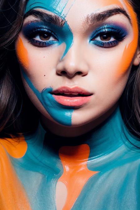 <lora:Hailee_Steinfeld:0.75> A woman with her face painted in different colors, in the style of intense lighting and shadow, bold graphic lines, color stripes, polished metamorphosis, orange and blue, skillful lighting, precision painting