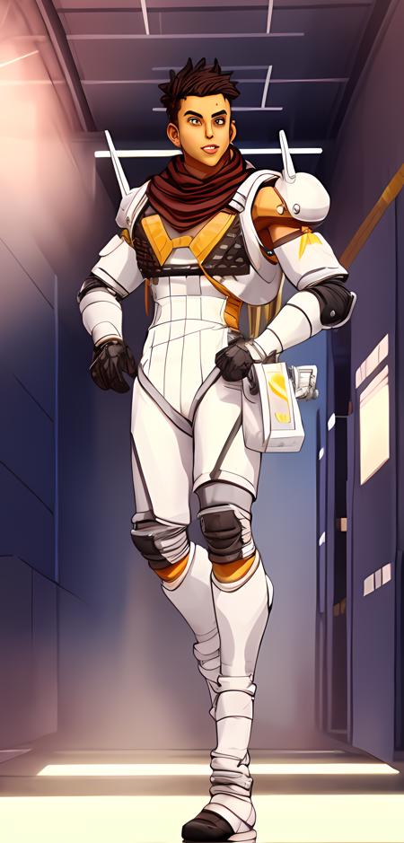 a male character stand on the white floor, chemistry factory background, <lora:ApexLegends:1.0>