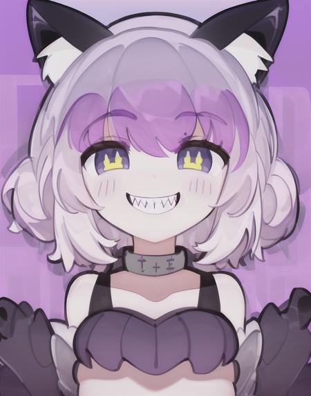 Cheshire Cat black leather dress, metallic chocker, (mad smile), sharp teeth, big mouth, long hair, medium hair, purple hair, animal ears, cat ears