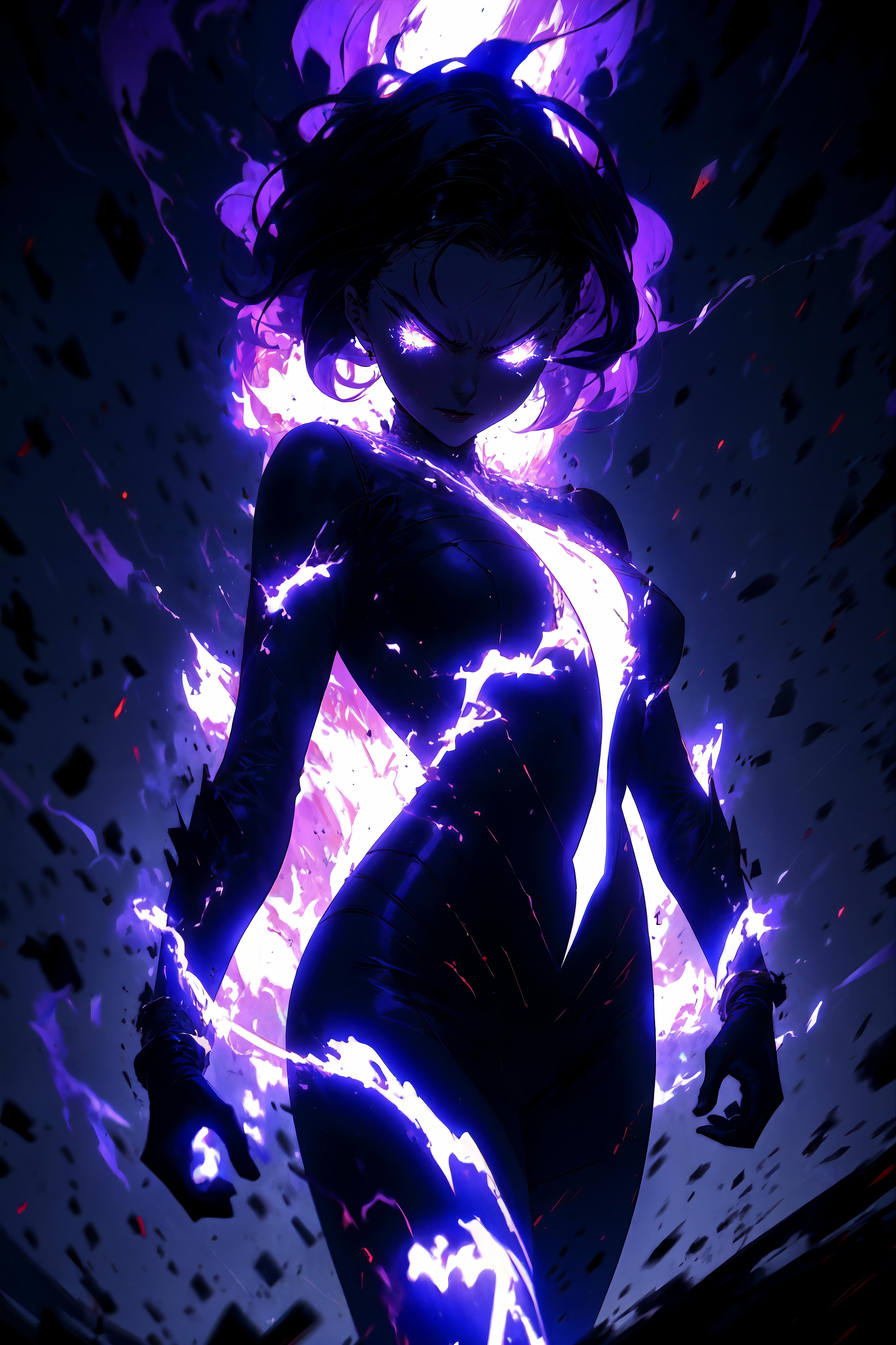 A woman with purple hair and a black dress, surrounded by blue and purple lightning.