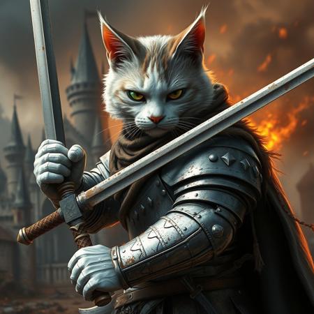 Ultra realistic. white grey brown cat with a damaged knight shite armor holding a long sword, tired, bruises, dusty, mud, shining eyes, protecting a town, background castle, full body view, some fire behind, agressive pose