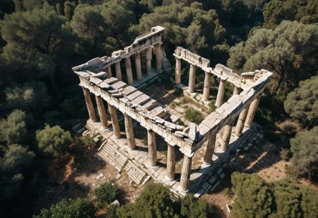 Overhead view, image of a ruined ancient greek temple, with overgrown vines, in a mediterranean forest, RPG map,  haze daylight, high detail, film photography, overhead view only, phot realistic, best quality