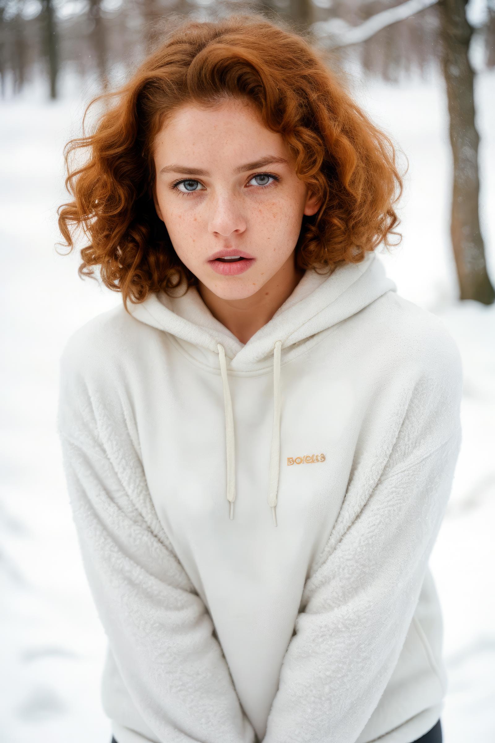 A close-up image of a red-haired girl wearing a white sweatshirt with a gold logo.