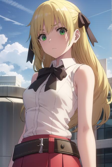 esther rosenthal, long hair, blonde hair, (green eyes:1.5), mole, mole under eye, black ribbon, black bow, hair ribbon, skirt, shirt, thighhighs, gloves, bow, ribbon, bare shoulders, white shirt, sleeveless, belt, black thighhighs, miniskirt, bowtie, sleeveless shirt, red skirt, garter straps, red gloves, high-waist skirt, pink gloves, thighhighs, belt, nurse, dress, pink dress, short sleeves, collar,