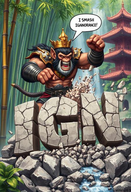 A high quality digital drawing with vivid colors showing a muscular powerful angry humanoid monkey king in great detail wearing his armor and robes and using his muscular arms and fists to violently smash a pile of cracked crumbling rocks is shaped in 3D the three letters "IGN", the letters are shown being crushed and destroyed into pieces of rock debris flying from smash rocks into all directions, monkey king is shouting in speech bubble ("I SMASH IGNnorance!"), background is a bamboo forest with a Buddhist temple in the corner in the distance, and a waterfall.