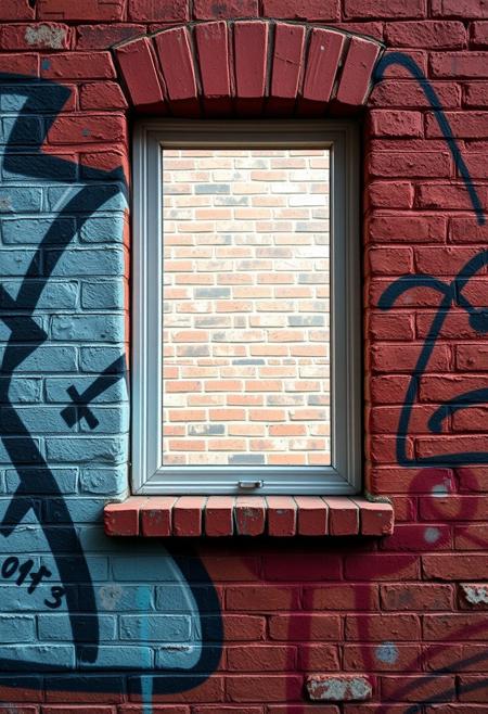 UHD, ultra-high detail photo, on a intricate brick wall graffiti of a window that opens up on a different brick wall in slightly different colors. picture in picture. 16k wallpaper. the window looks flat like its drawn by a spray can
