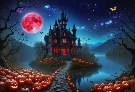 masterpiece, best quality, mysterious dark enchanting forest with ((halloween pumpkins:1.3)) and ((colorful butterflies:1.4)) leaving a trail of magical pixie dust behind, a crystal clear lake shredded in a fog and a an ethereal glow at night with a ((galaxy sky embrodeiry and red moon:1.5)) with an old haunted mansion on a hill behind and bats flying, 8k, masterpiece, best quality, vivid colors, 32 bit colors, high texture resolution, soft lighting, epic, dark fantasy style, breathtaking, visually impressive, stunning composition, mesmerizing, hypperrealistic, digital art, trending at artstation