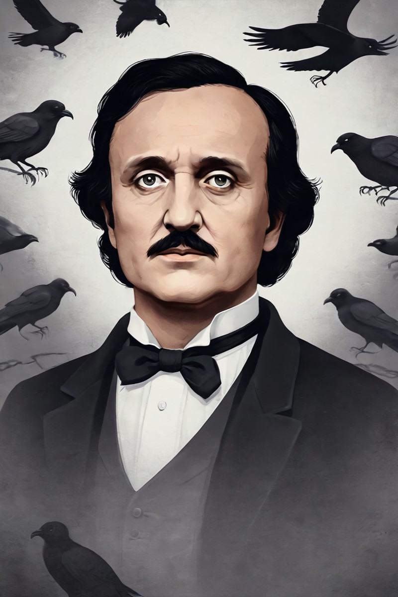 minimalistic modern illustration closeup of Edgar Allan Poe with gaunt features and piercing, haunted eyes, with dishevele...