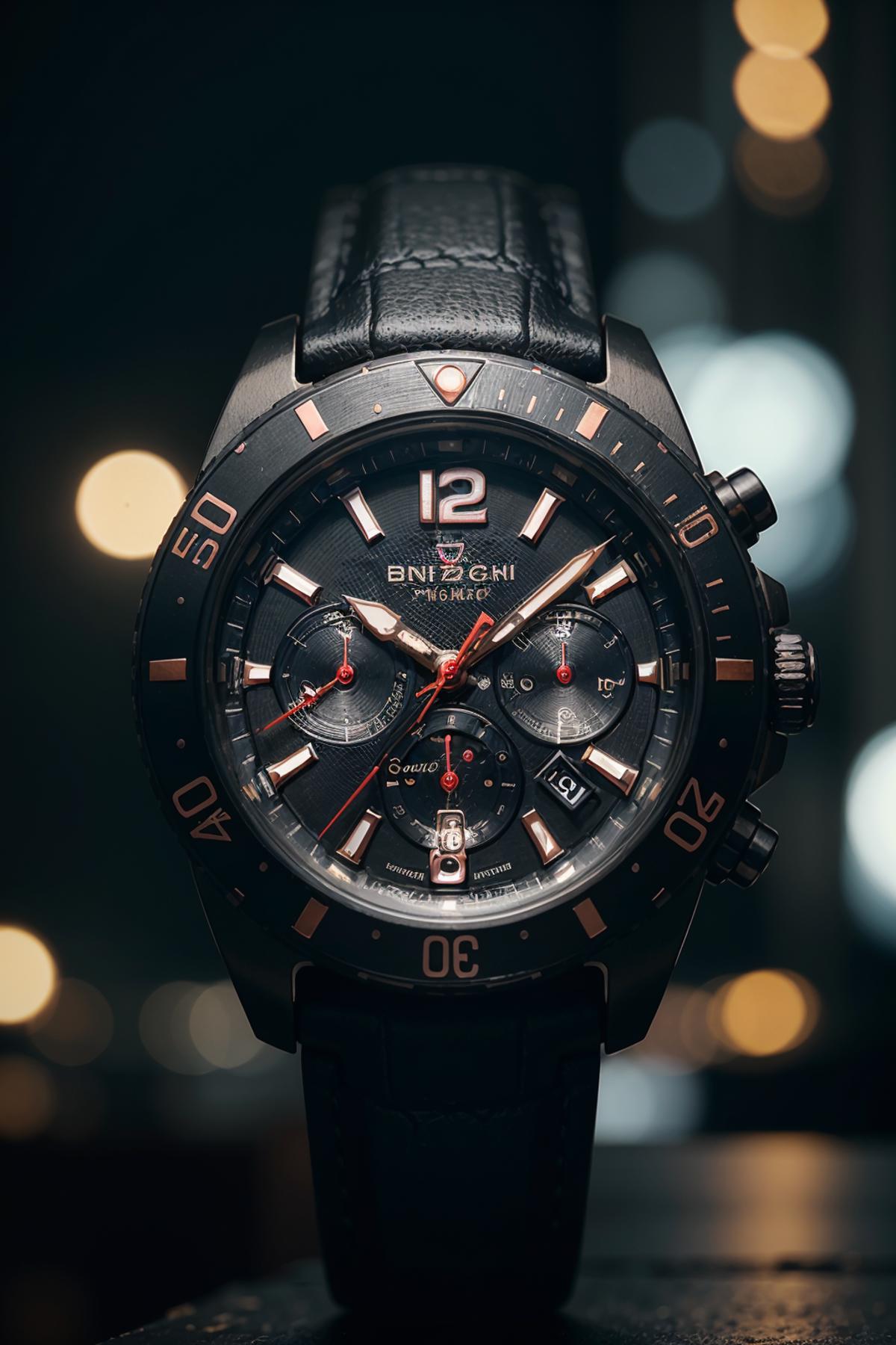 A close-up of a black Breguet GMT watch.