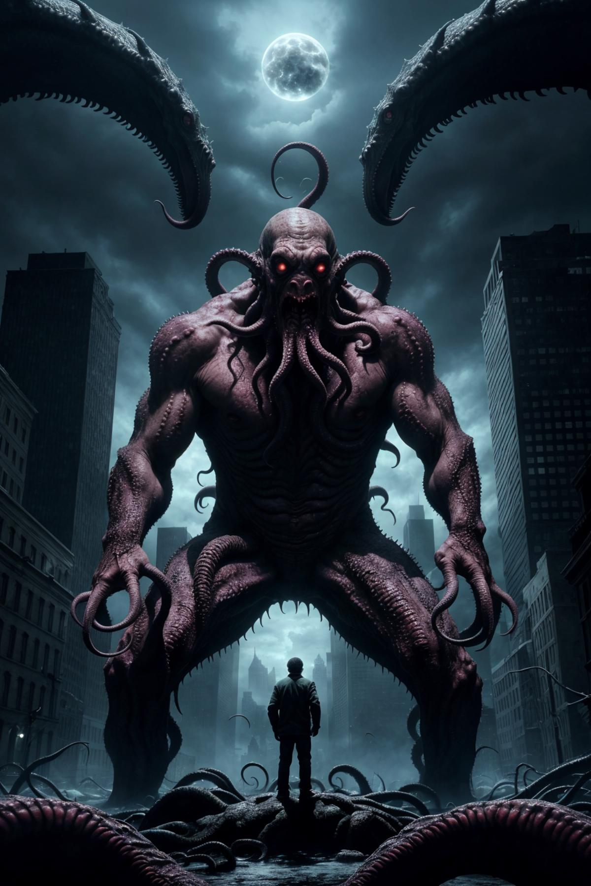 A person standing in front of a giant purple monster with tentacles and red eyes in a dark cityscape.