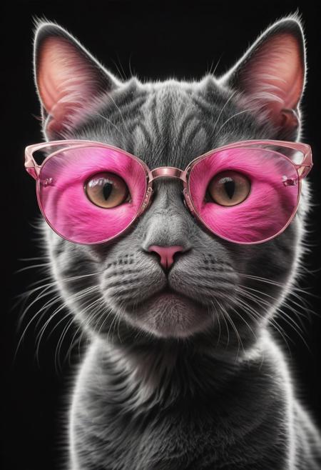 (best quality, 8K, high resolution, masterpiece), ultra detailed, (3D CGI), a beautiful pair of sunglasses, trendy, fashionable, pink, silver and black stylized Cat-eye shape, on a black background, countryside advertising, winning photo,
