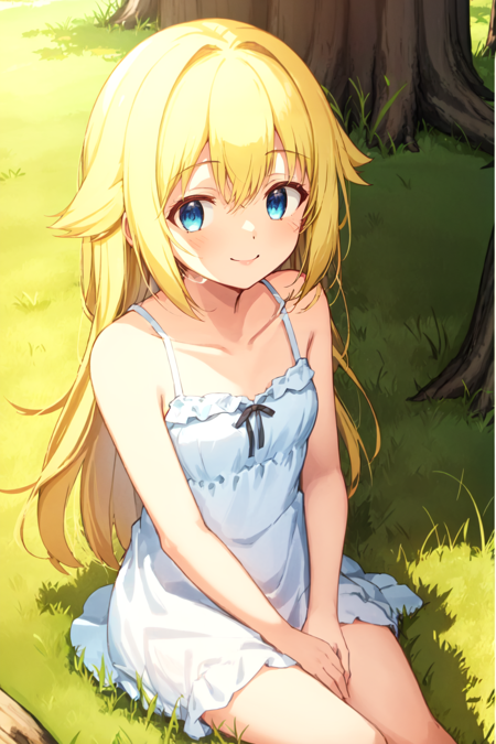 1girl, solo, hair flaps, blonde hair, blue eyes, sitting, sundress, smile, looking at viewer, outdoors, grass, field, tree, <lyco:ufotable_loha:0.3>, ufotable, anime screencap, <lora:Hair_Flaps:1.0>