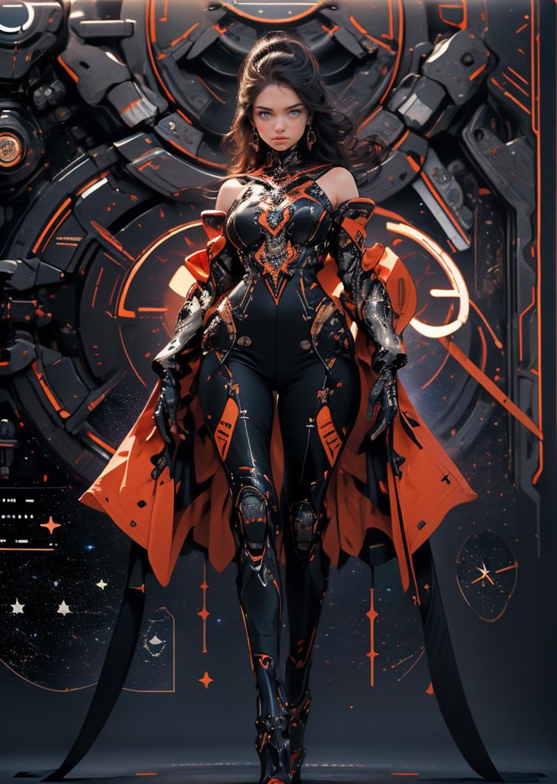 The image features a woman wearing an orange and black costume, standing in front of a futuristic machine. She appears to be a cyborg or a character from a science fiction movie or video game. The woman is wearing a sleeveless top and a long cape, which adds to her unique and intriguing appearance. The futuristic machine in the background creates a sense of mystery and wonder, as it is not clear what the machine's purpose is, or how it relates to the woman in the costume.