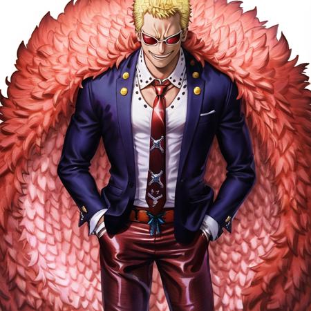 1boy, doflamingo, boa_coat, smile, teeth, veins, sunglasses, blonde_hair, hands_in_pockets, (((((red_suit, tie))))), portrait, detailed face, button_up_shirt, red_shirt <lora:Doflamingo:0.8>