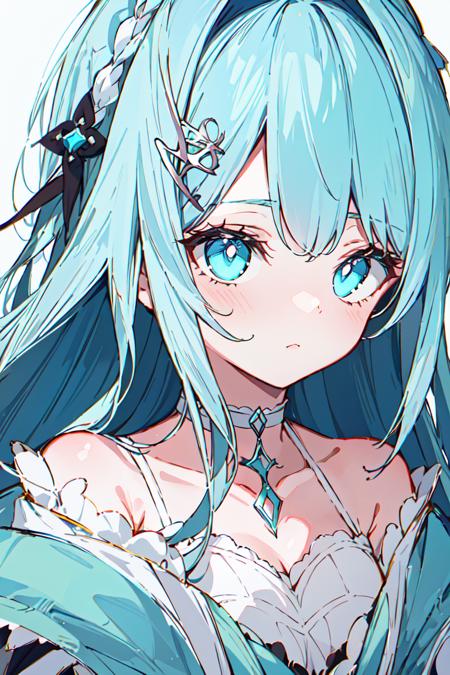 <lora:dropkun:0.8>an extremely delicate and beautiful girl, dark cyan pupils, long white hair, choker, hair ornament hair clip,cold and elegant, close-up, half-body drawing, white atmosphere, high quality, masterpiece, {{1girl}}