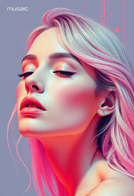 high quality design aesthetics, synth pop, detailed, pop album cover, beautiful young white woman, artist name "Musaic"