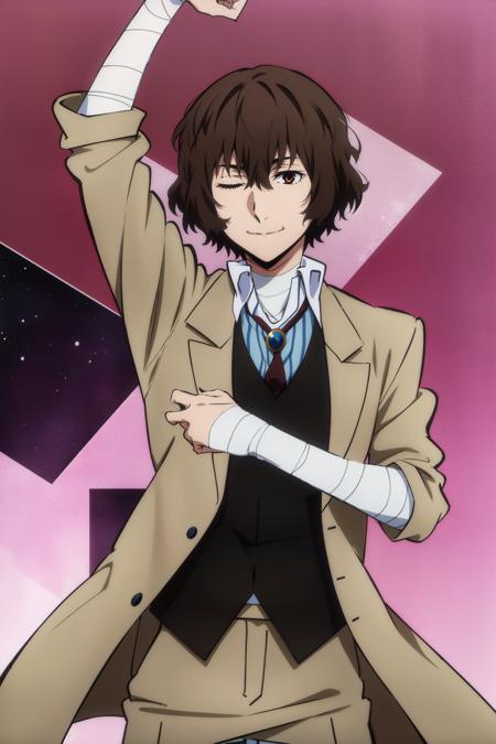 dazai, male focus, 1boy, brown hair, brown eyes, bandages, hair between eyes, shirt, pants, coat, short hair, vest, bandaged arm