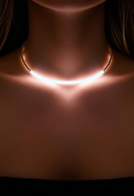 subdermal LED bar necklace, (internal LED glow:1.7), (embedded LEDs:1.8) forming a sleek, horizontal line of glowing light beneath the skin across the collarbone, soft light radiating outward from the center, (horizontal glowing line:1.6) following the natural curve of the body, smooth light diffusion, (natural skin tone:1.5), high-definition, (ultra-realistic skin texture:1.8), seamless light transitions beneath the skin, (no visible jewelry:1.8), (worn necklace:-1.8), (chains:-1.8), radiant horizontal light band under the skin, minimalist yet modern, perfect for casual and formal wear