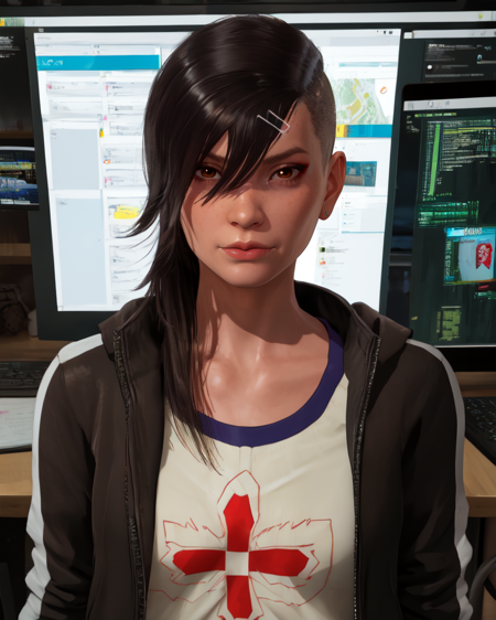 Rinko,brown eyes,hair to side,shaved head,hairclip,
black jacket,white undershirt with red logo,
computer desk,cyberpunk,standing,
(insanely detailed, beautiful detailed face, masterpiece, best quality),solo,<lora:Rinko-10TGWv8:0.8>,