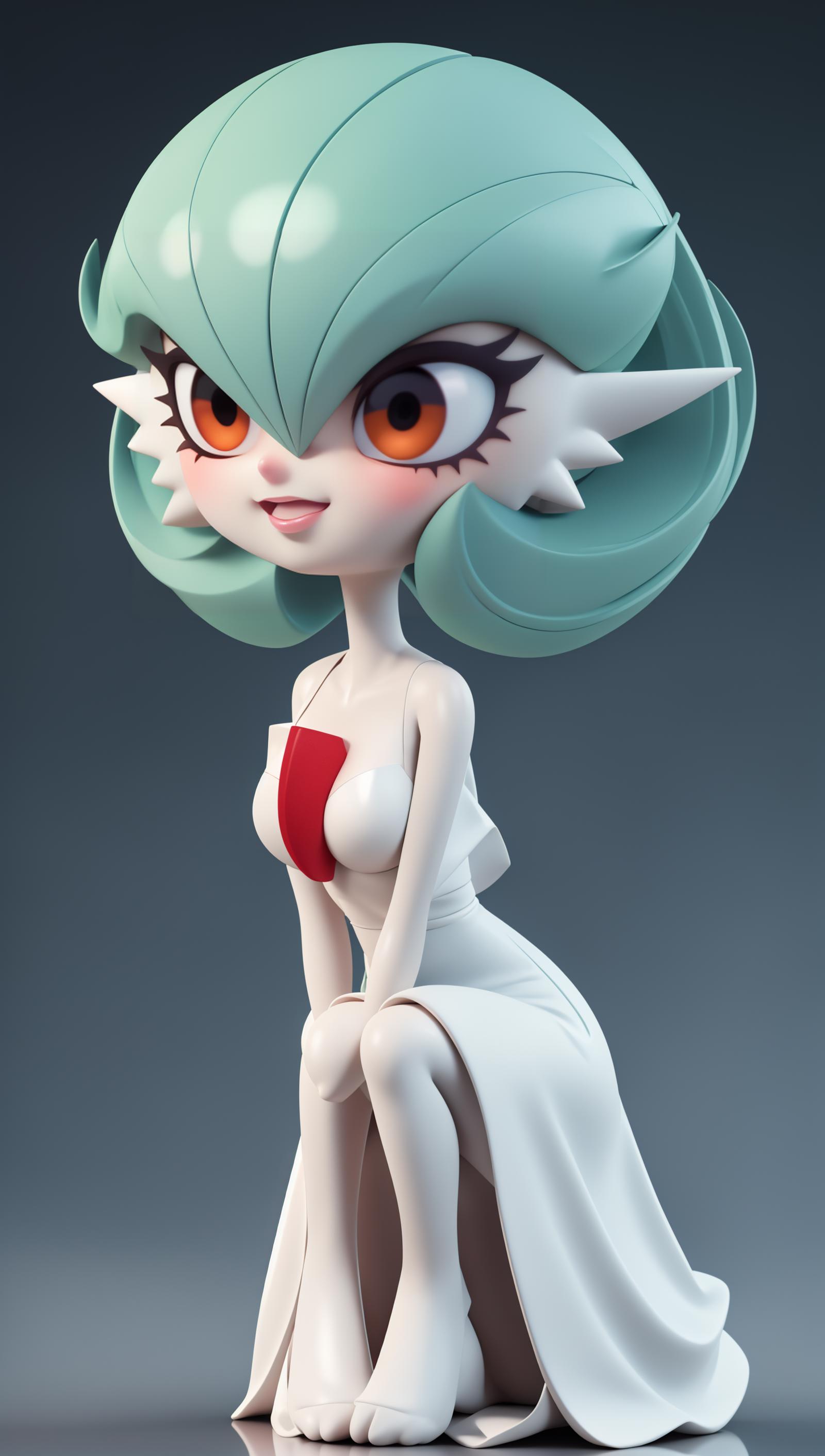 A 3D model of a female character with aqua hair, green eyes, and a red ribbon.