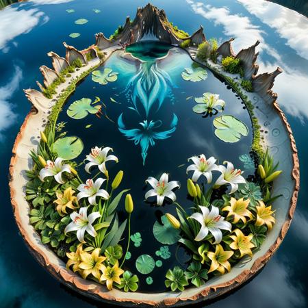 a garden of glass lilies blooming in the shallows of a crater lake shaped like a teardrop, petals catching mist from passing clouds, wind forming slow spirals in the concave water basin, insects skating across mirrored puddles, tearStyle2