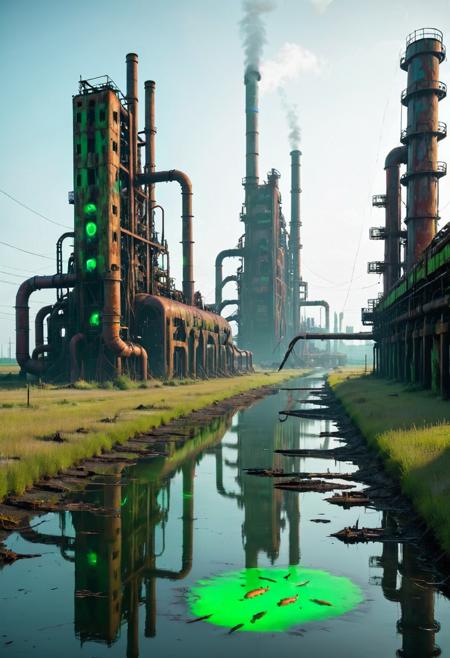 A polluted marshland with towering industrial ruins, mutant fish swimming in glowing green water, and rusted pipelines stretching into the horizon, evi@decrepPunk aesthetic, atmospheric lighting. <lora:evidecrepPunk:0.8>