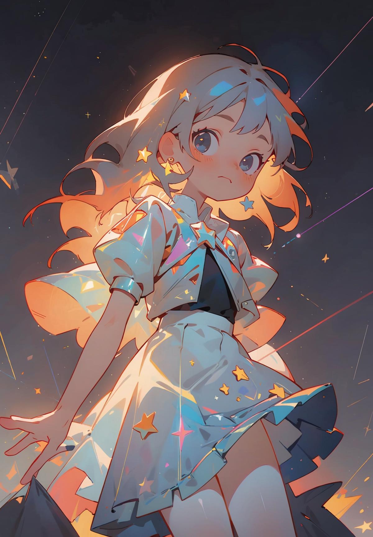A young girl with stars on her dress is looking up at the sky.