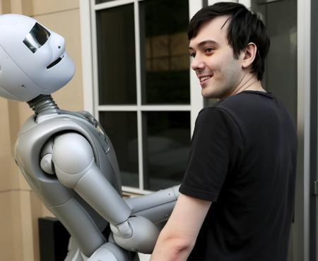 pharmabro person hanging out with a robot that has mental problems. The robot is on the fritz, drooling, and harassing pharmabro person.