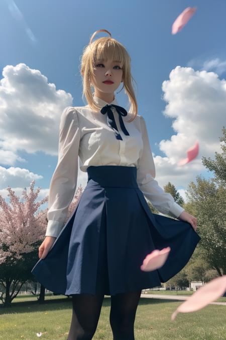 ultra-detailed,highly detailed,best quality,masterpiece,illustration,
saber, 1girl, artoria pendragon \(fate\), solo, cosplay,
blonde hair, ahoge,hair ribbon, short hair, braided bun, sidelocks, bangs, 
pantyhose, shirt,skirt,  neck ribbon, long sleeves,casual, blouse, high-waist skirt, 
looking at viewer, 
outdoors, grass,dynamic pose, photo background, flower, wind,sky,falling petals, 
<lora:saber_v1_02:0.7>