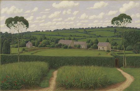 style of Henry Moret, plantation ,hacienda ,clump ,hedgerow, Grassland ,