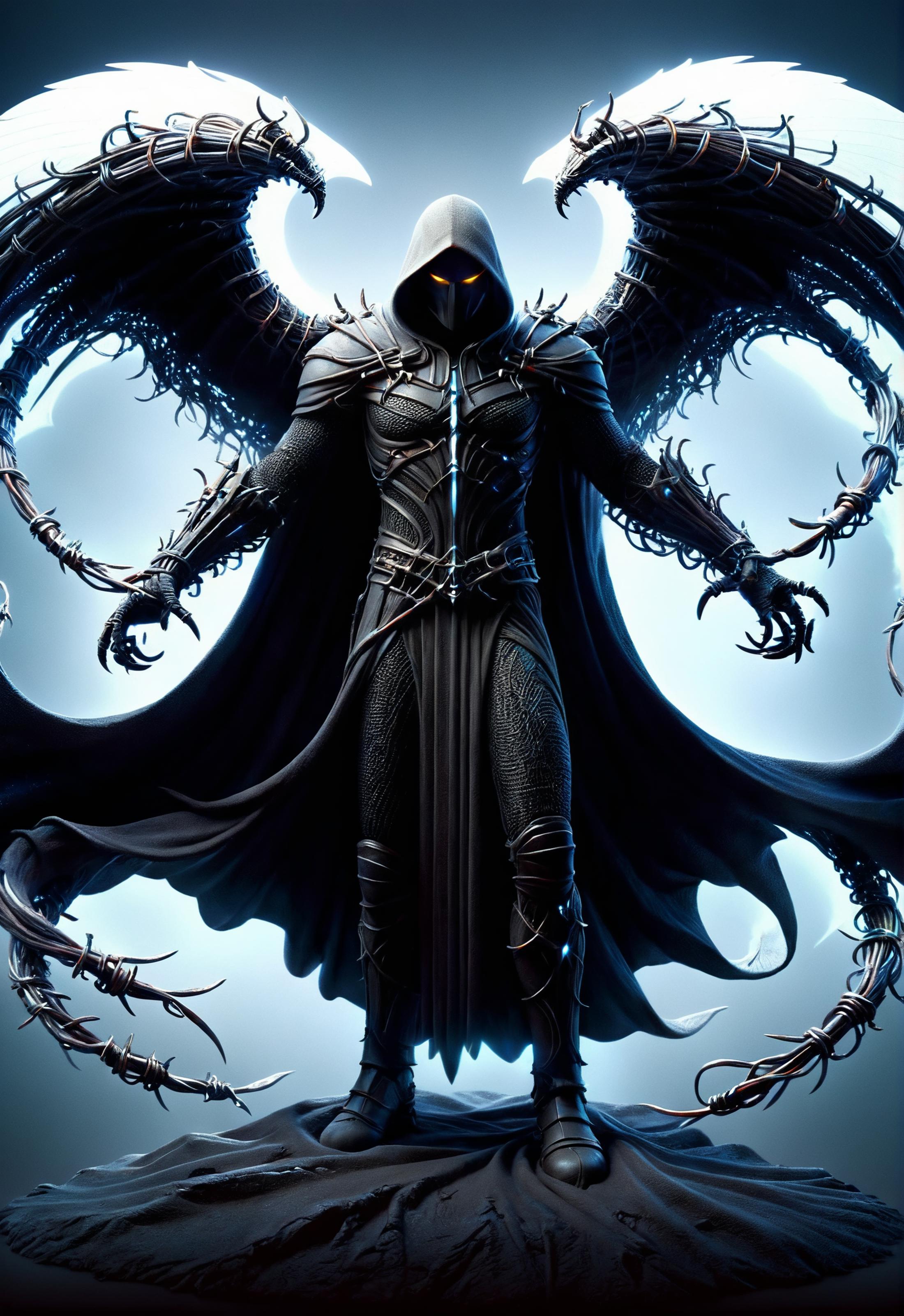 A dark figure with black wings and a hooded cloak standing in front of a blue sky.