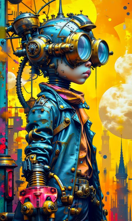 ORIGINAL PROMPT: Crisp neo pop illustration, near monochromatic complementary colors scheme, whimsical surrealistic background.
A whimsical depiction of a precocious steampunker.
PRODUCTION PROMPT: Original prompt was used. <lora:cg_concept_style:0.64> <lora:dr_diffusion_negative-detail_enhancer_pnte_2_0:-0.42>