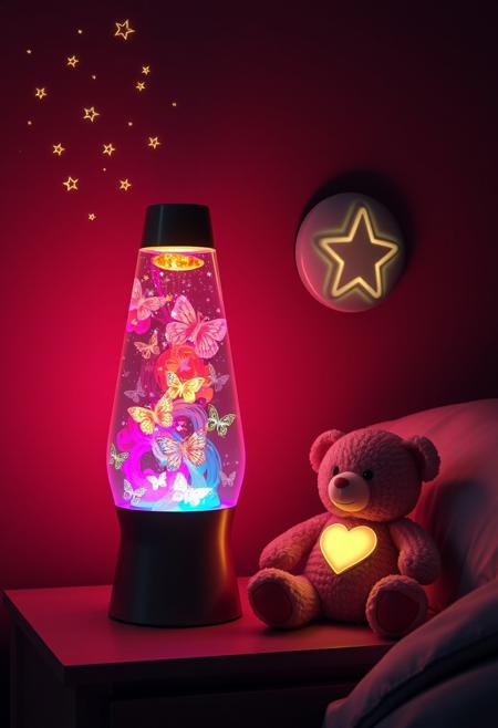 "Create a hyper-realistic image of a butterfly-themed lava lamp on a nightstand in a dark room. The lamp is lit, with colorful, swirling liquids and glittering butterfly-shaped particles suspended in a mesmerizing dance. On the wall, a nightlight projects a constellation of bright, five-pointed stars. Next to the lamp, a small teddy bear sits with a glowing heart-shaped light on its chest, radiating warmth and comfort. The lamp's soft glow and the bear's gentle light bring joy and reassurance to the dark room, creating a cozy and peaceful atmosphere." Octane render, Highest-Quality, 8 k, intricate details, visually stunning, Masterpiece